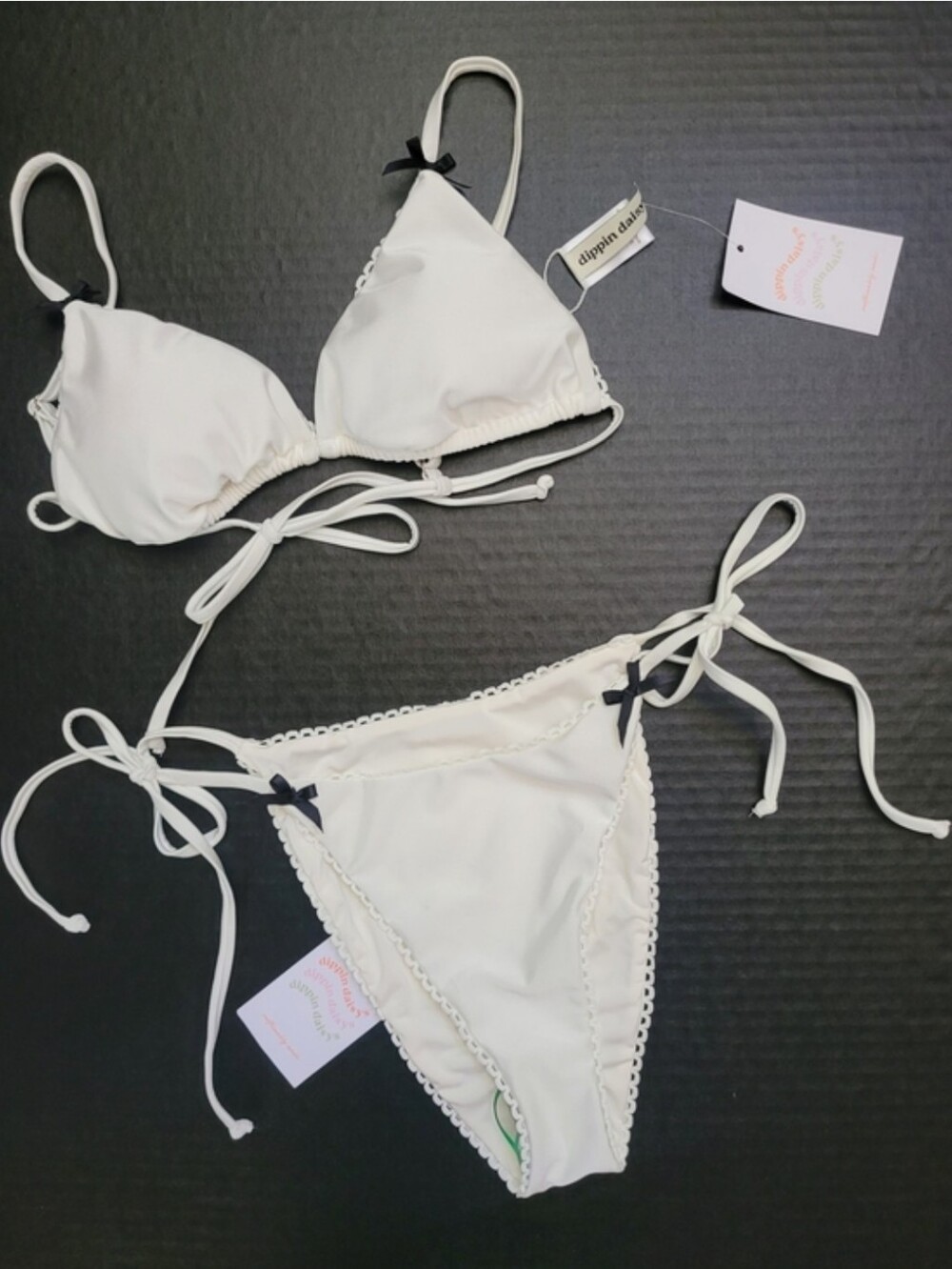 Dippin' Daisy's Madeline White Triangle Bikini Black Bow Swimsuit Medium